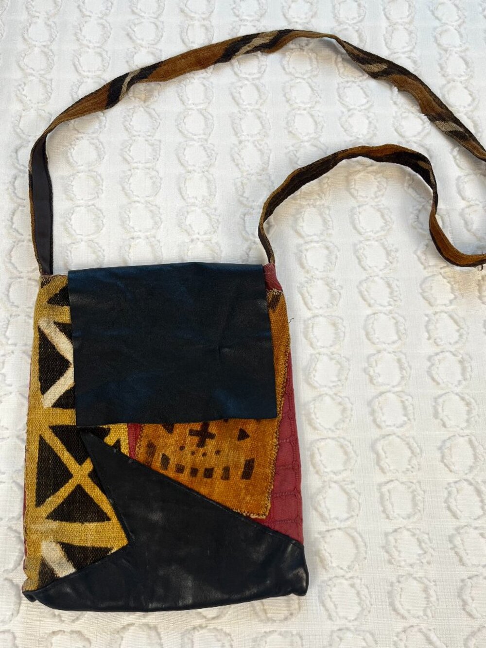 African Mud Cloth Patchwork Cross Body Bag Purse Leather Brown Red Black